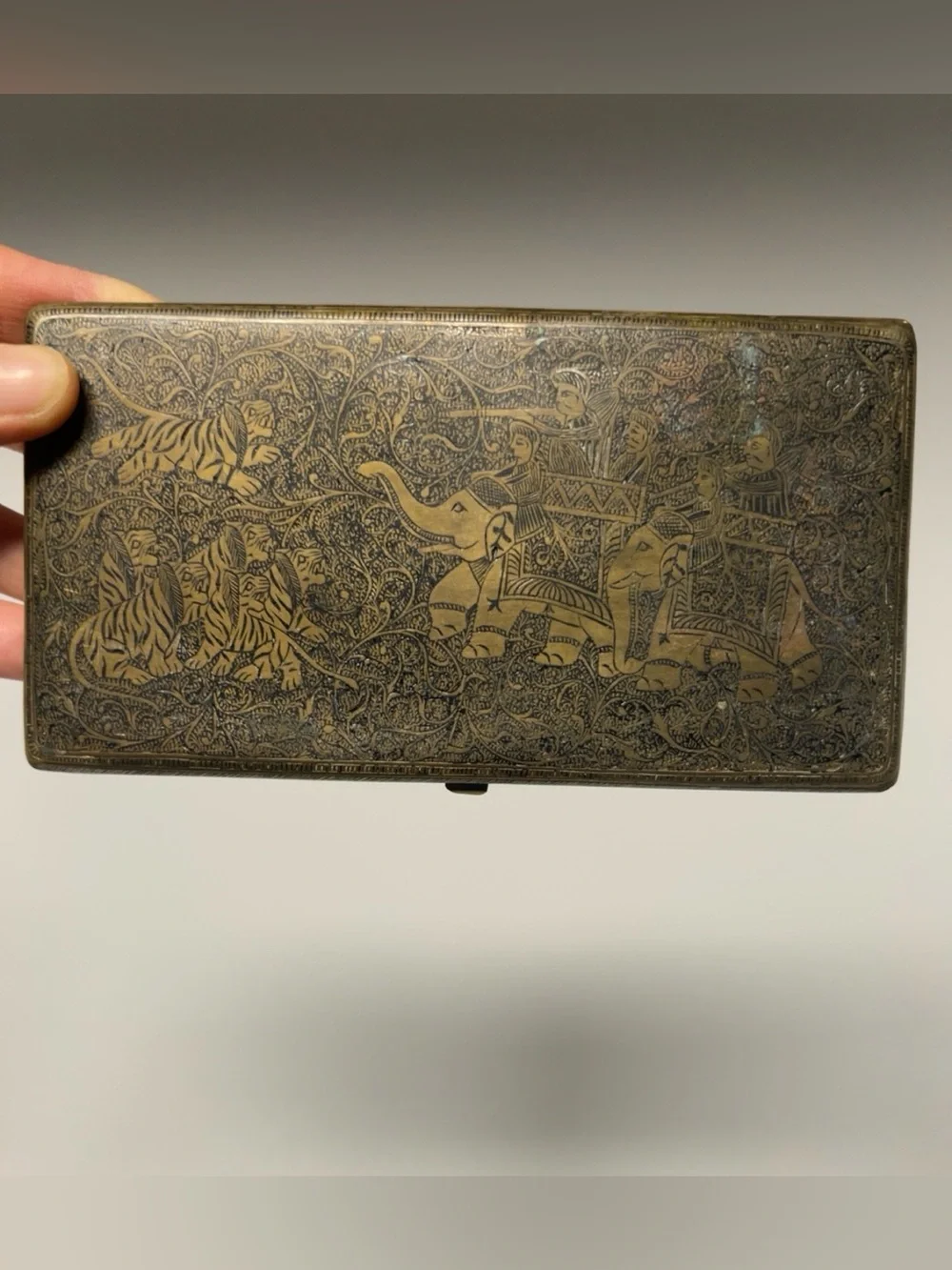 Vintage Brass Etched Cigarette Case Elastic Band Ornate Elephants Hunting Patina